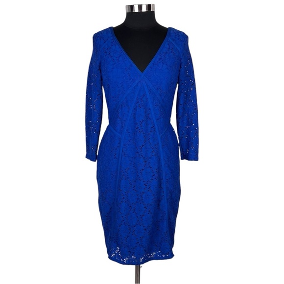 ADRIANNA PAPELL BLUE FLORAL LACE 3/4 SLEEVE STRETCH FITTED SHEATH COCKTAIL DRESS - Picture 2 of 15